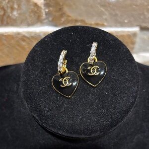 Black and Gold CC Heart Earrings with Sparkling Accents